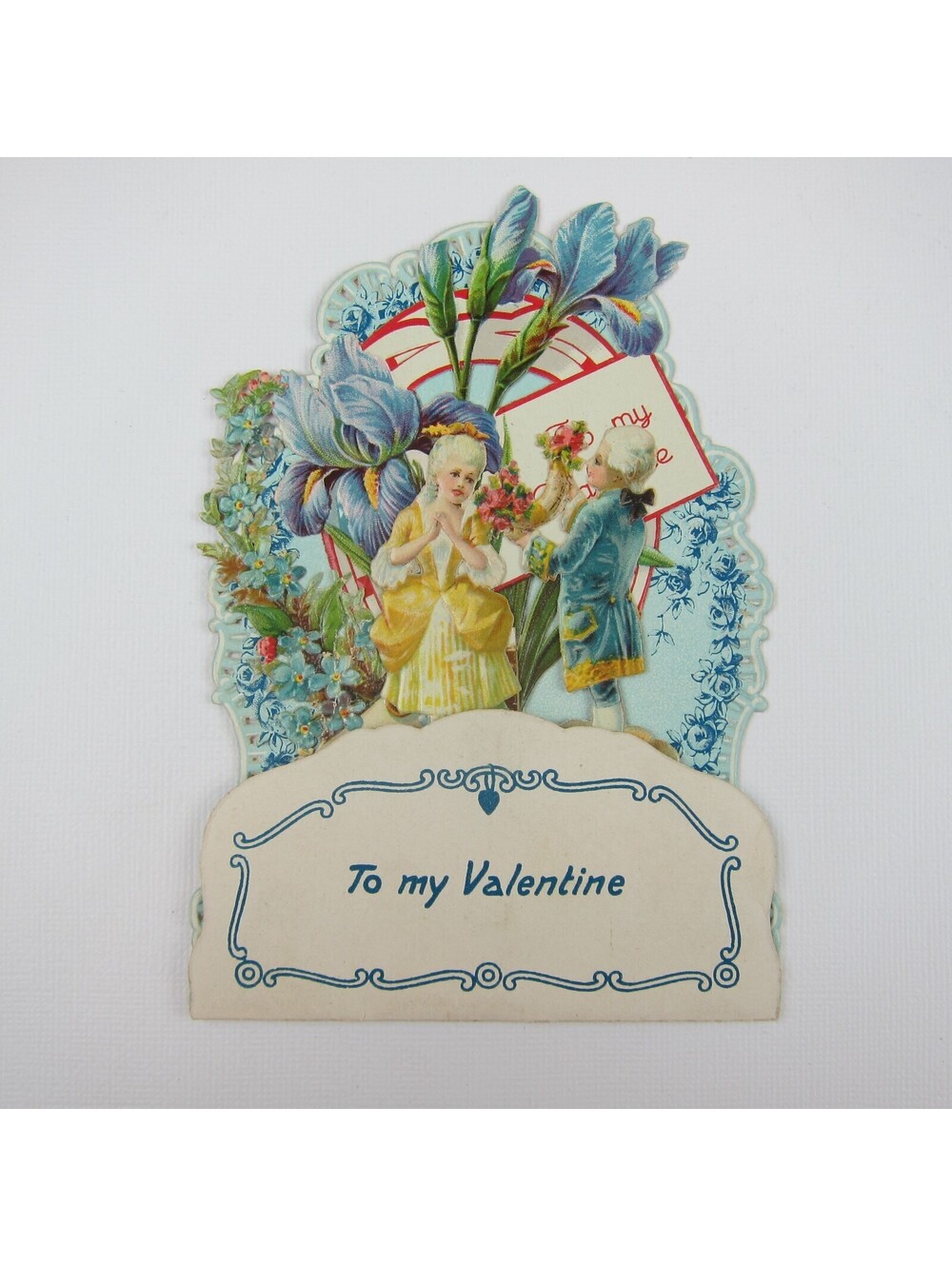 Vintage Valentine 3D Pop Up Die Cut Boy & Girl 1700s Wigs & Dress Blue Flowers